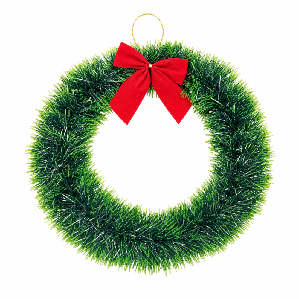 Classic Green Tinsel Christmas Door Wreath with Red Velvet Bow (25 cm)