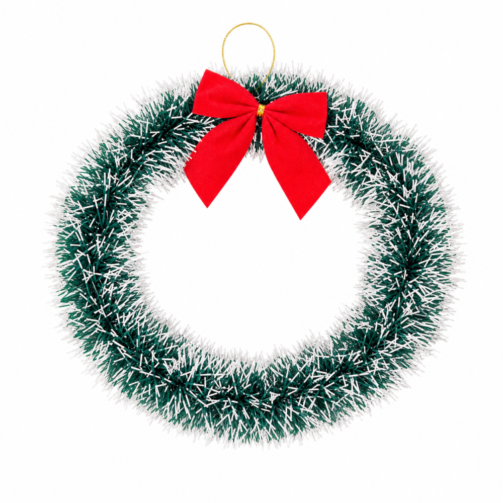 Frosted Green & White Tinsel Christmas Door Wreath with Red Bow (25 cm)