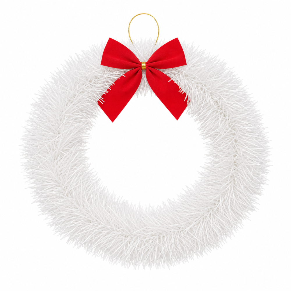 Snowy White Tinsel Christmas Door Wreath with Red Bow (25 cm)