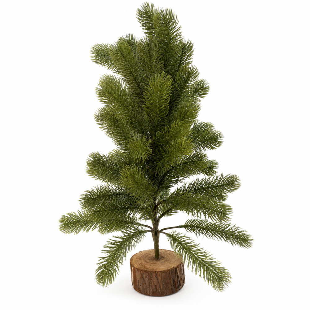 Realistic Mini Pine Christmas Tree on Rustic Wooden Log Base
