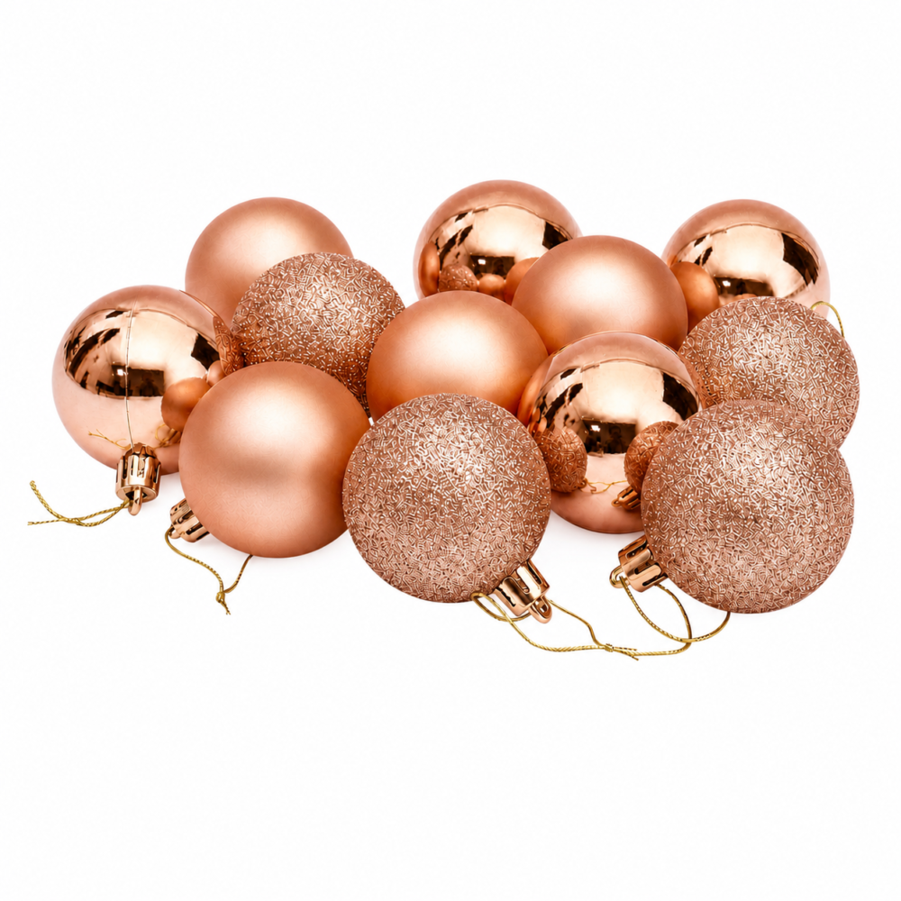 Rose Gold & Champagne Bronze Christmas Tree Baubles Set (6 cm - Pack of 12)