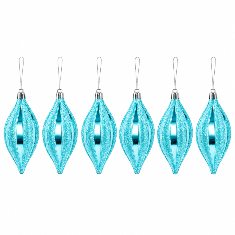Vibrant Sky Blue Spindle Teardrop Christmas Tree Ornaments Set (8 cm - Pack of 6)