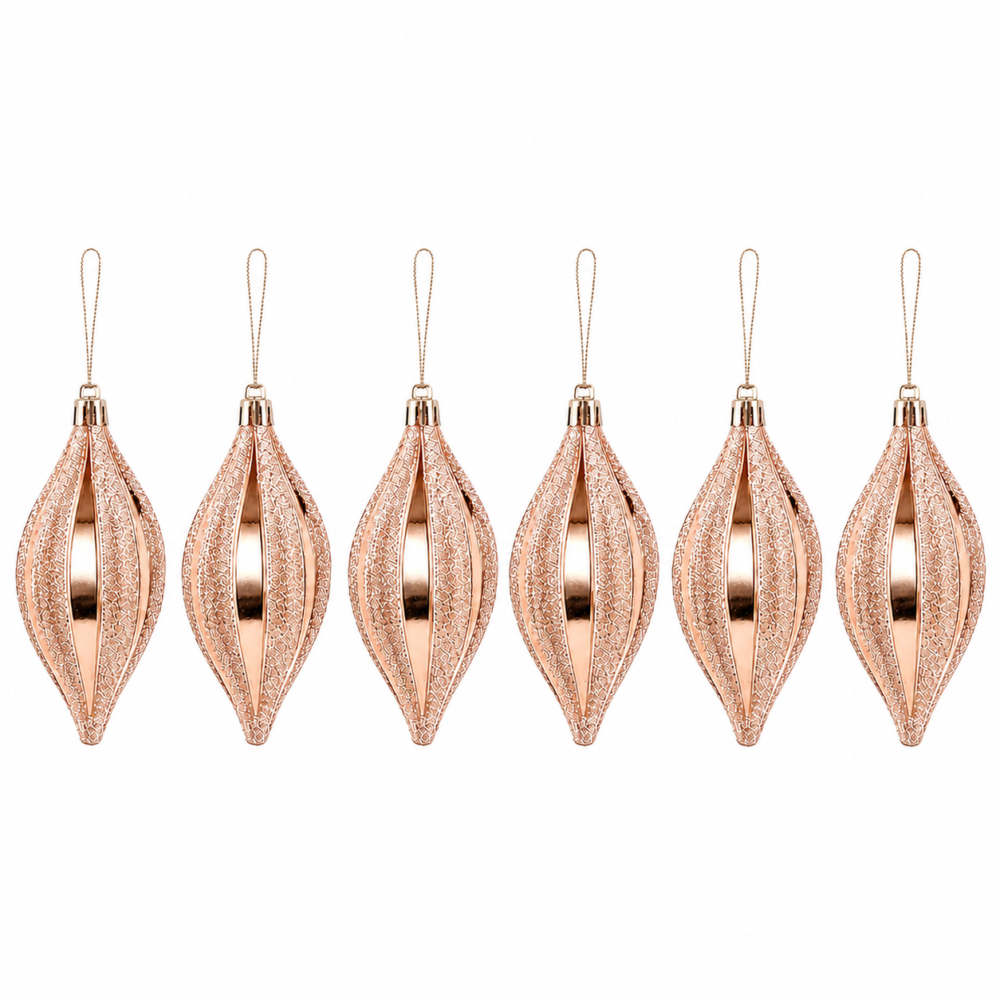 Rose Gold & Champagne Bronze Spindle Teardrop Christmas Tree Ornaments Set (8 cm - Pack of 6)