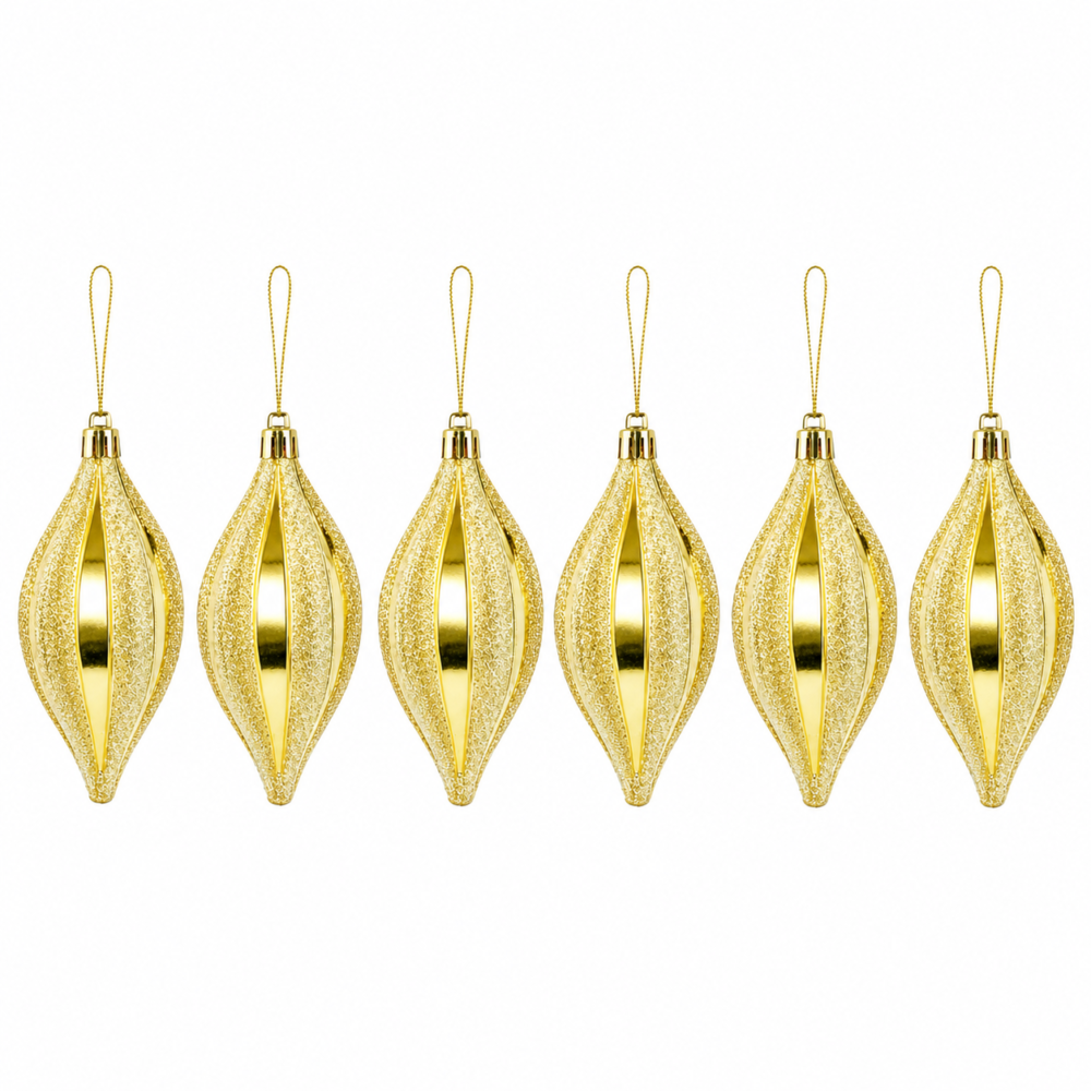 Radiant Gold Spindle Teardrop Christmas Tree Ornaments Set (8 cm - Pack of 6)