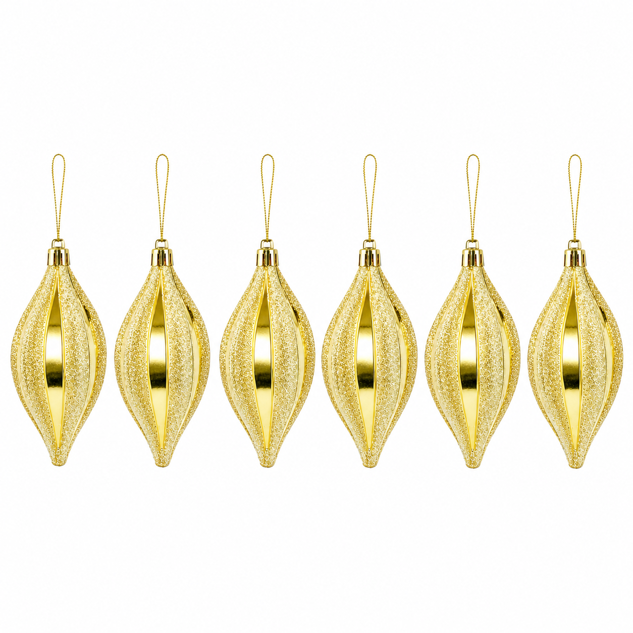 Radiant Gold Spindle Teardrop Christmas Tree Ornaments Set (8 cm - Pack of 6)