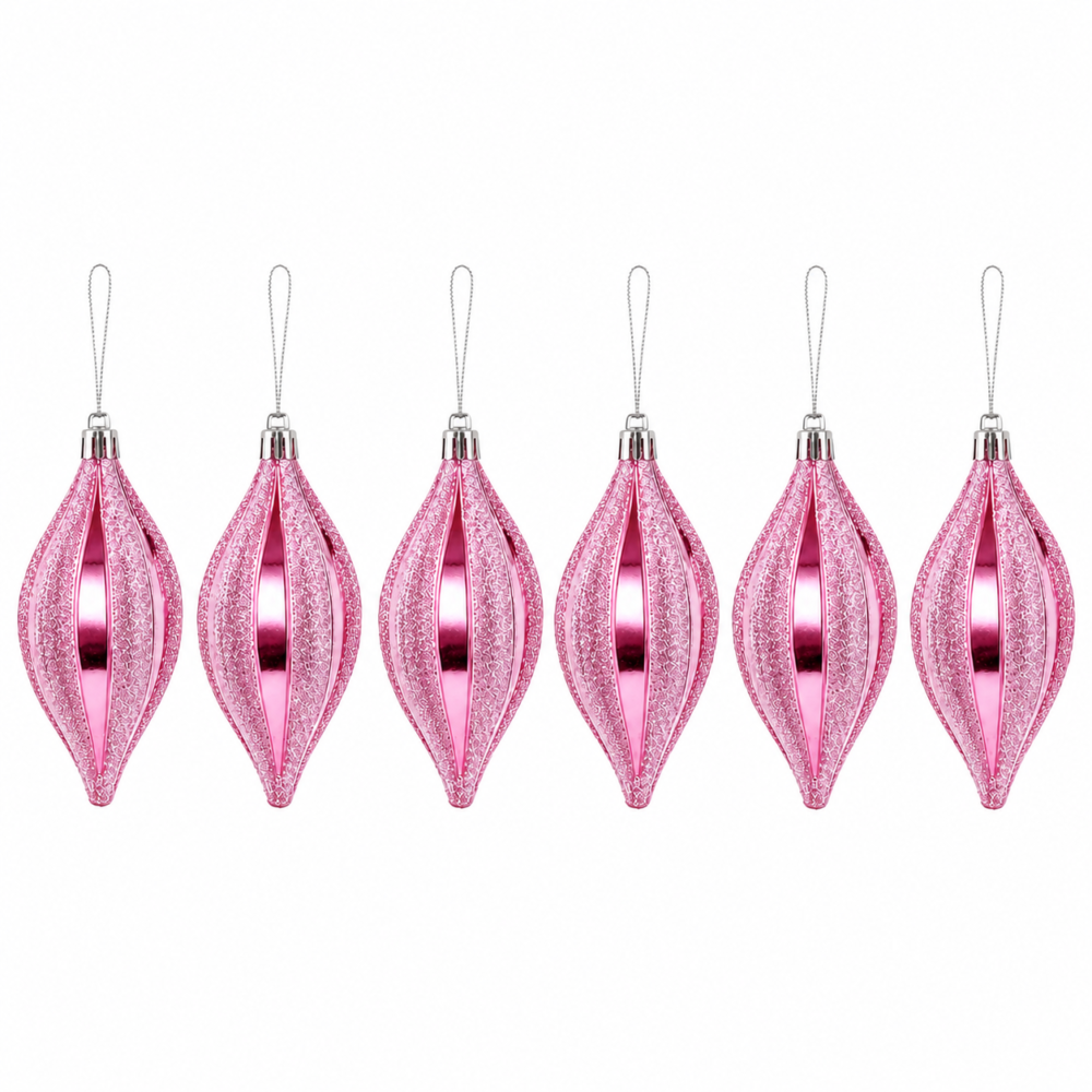 Pretty Pink Spindle Teardrop Christmas Tree Ornaments Set (8 cm - Pack of 6)