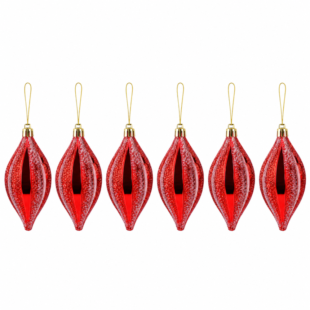 Classic Red Spindle Teardrop Christmas Tree Ornaments Set (8 cm - Pack of 6)