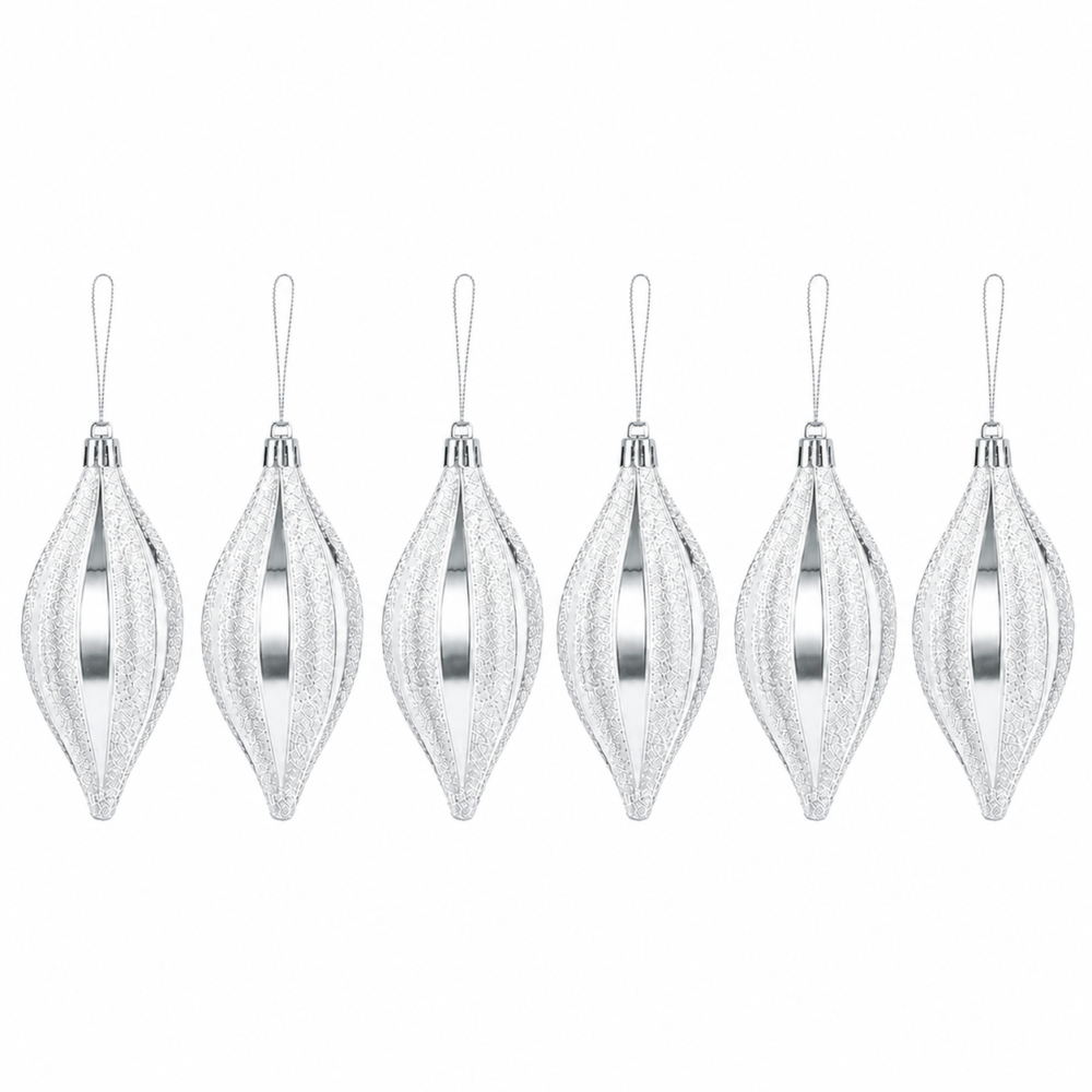 Sparkling Silver Spindle Teardrop Christmas Tree Ornaments Set (8 cm - Pack of 6)