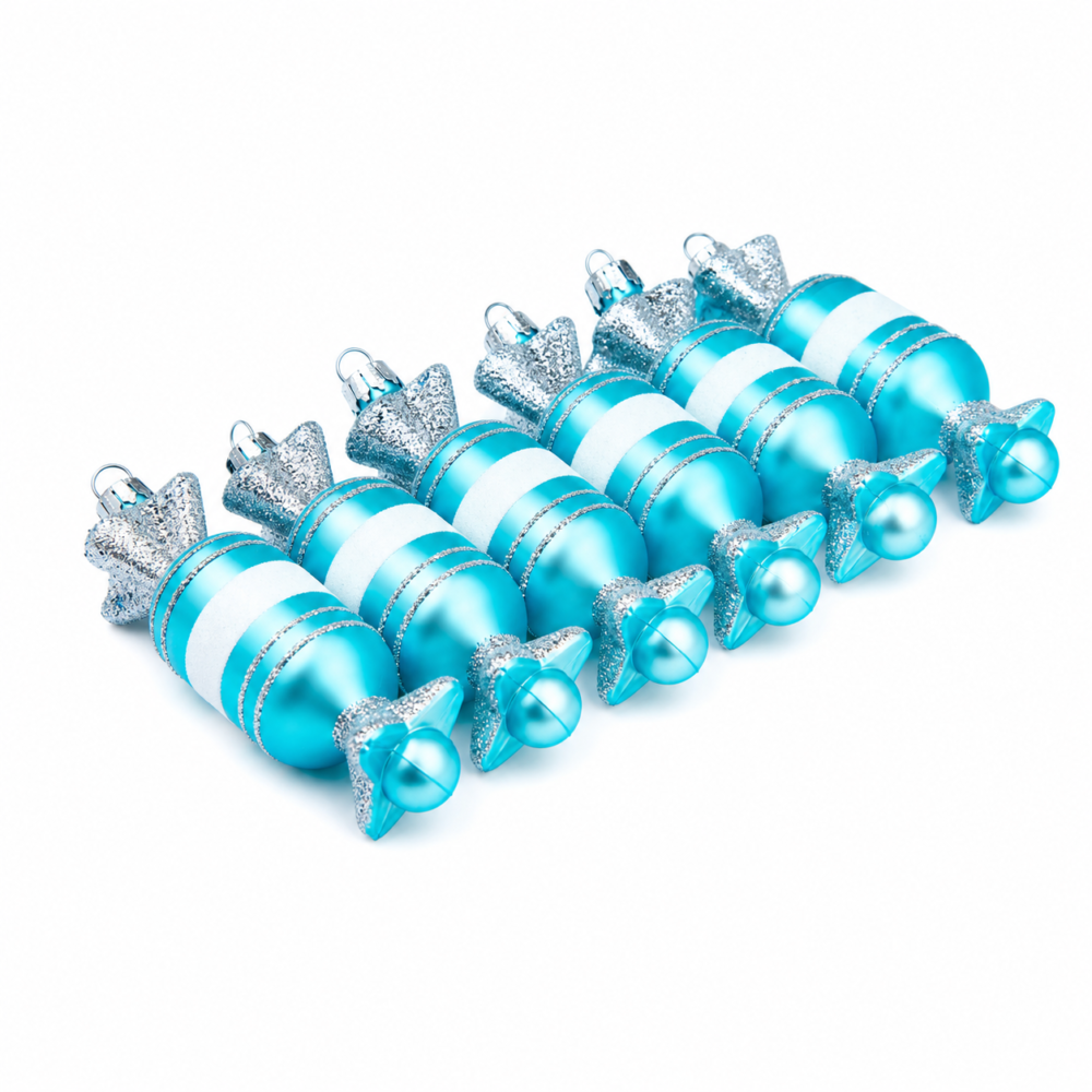 Vibrant Sky Blue Wrapped Candy Christmas Tree Ornaments Set (12 cm - Pack of 6)