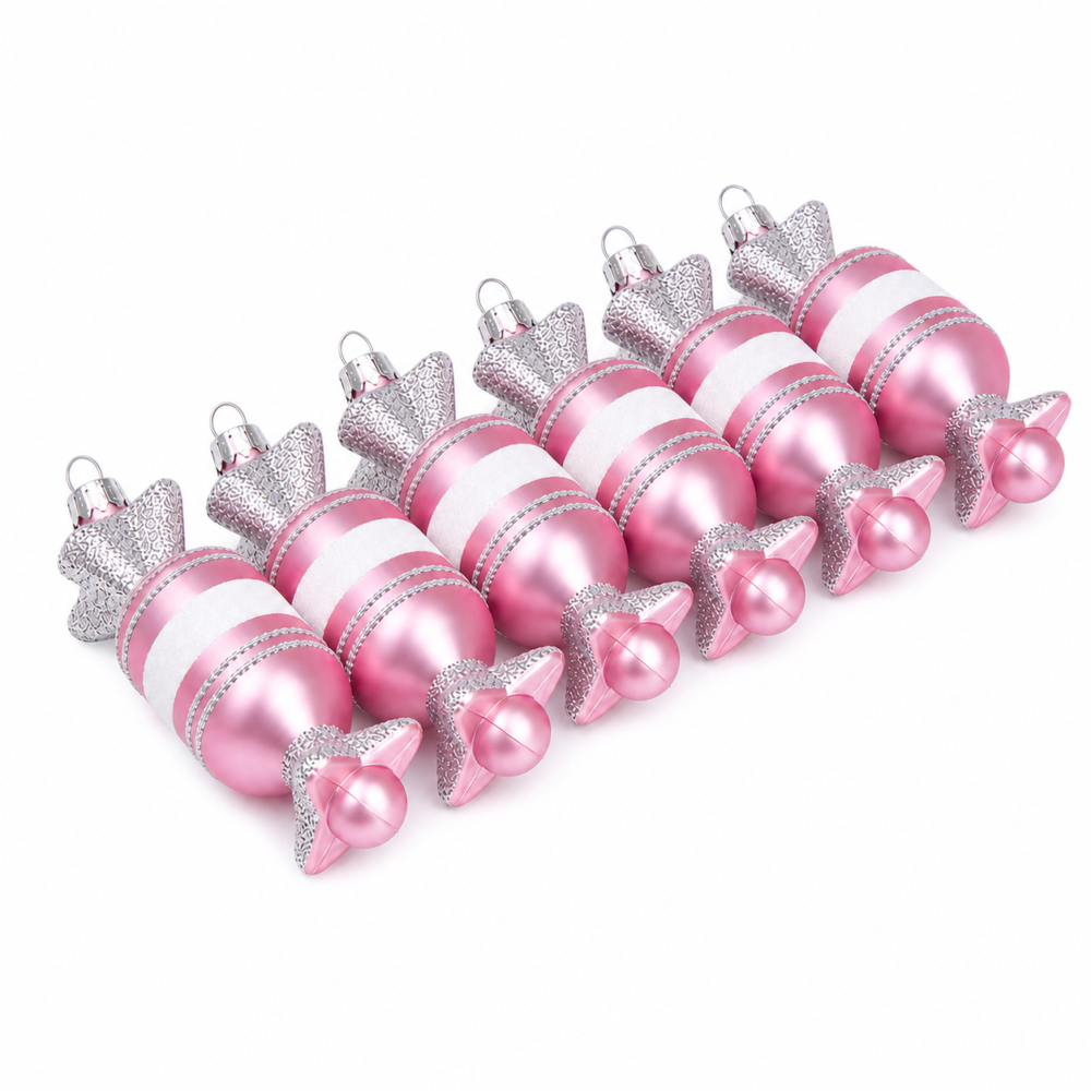 Whimsical Pink & Silver Wrapped Candy Christmas Tree Ornaments Set (12 cm - Pack of 6)