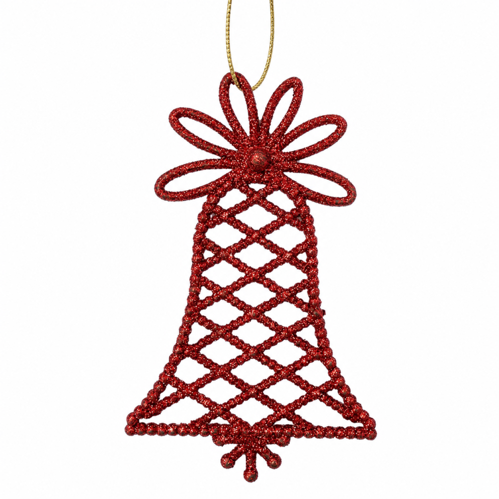 Sparkling Vibrant Red Glitter Lattice Bell Christmas Tree Ornament