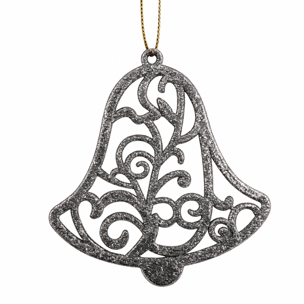 Sparkling Classic Silver Glitter Filigree Bell Christmas Ornament
